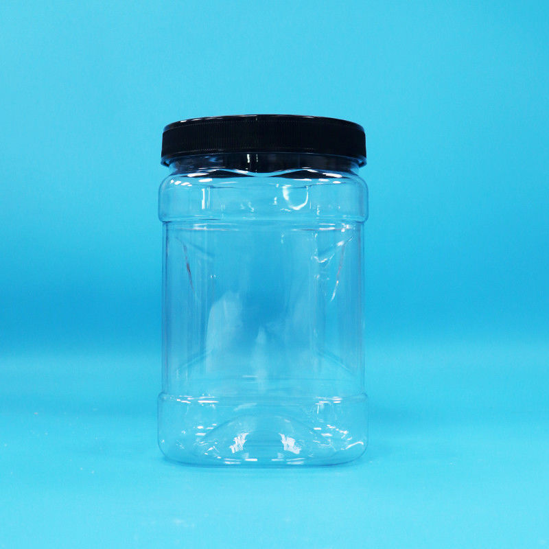 Clear Dried Fruit And Nuts Square PET Plastic Grip Jars With Black Flat Lids