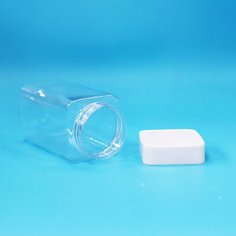 Food Grade Transparent Square Empty PET Plastic Food Candy Cookies Jam Jar White Lid
