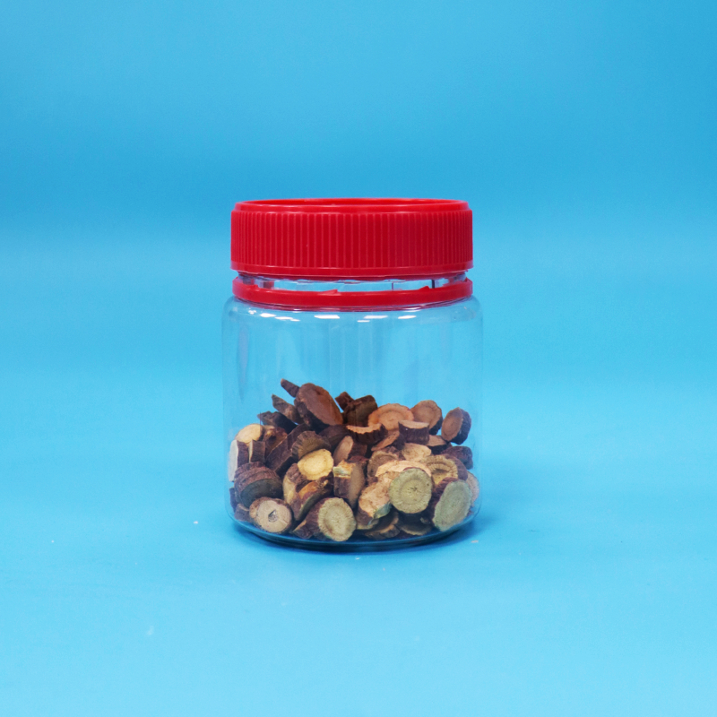 Small Empty Food Grade Screw Red Lid Clear Plastic PET Sweet Nuts Storage Jars