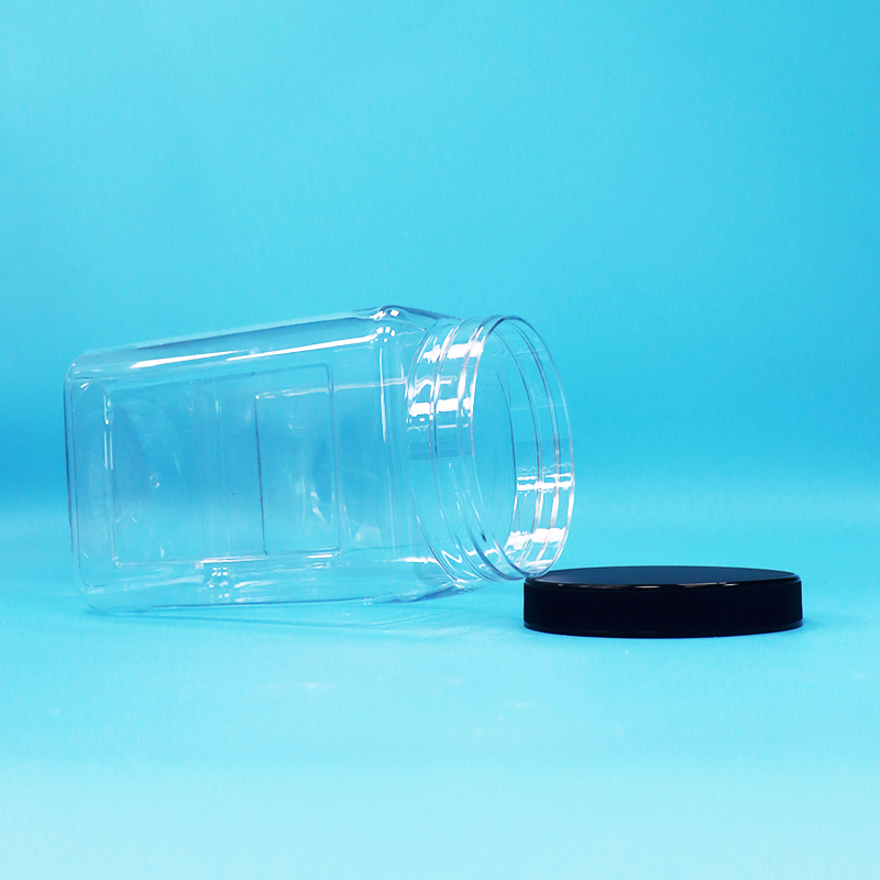 Transparent Jars Square Shape Plastic PET Black Lid For Food Candy Cookies Noodles