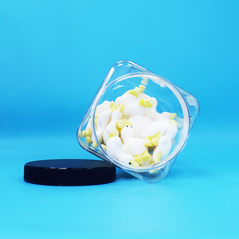 Square Shape Transparent Plastic PET Jars Black Cap For Baby Food Candy Cookies