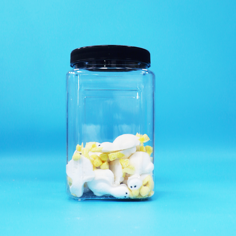 Square Shape Transparent Plastic PET Jars Black Cap For Baby Food Candy Cookies