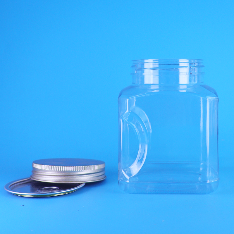 Clear PET Food Grade Custom Square Plastic Cookie Jar With Aluminum Screw Lid Wholesale