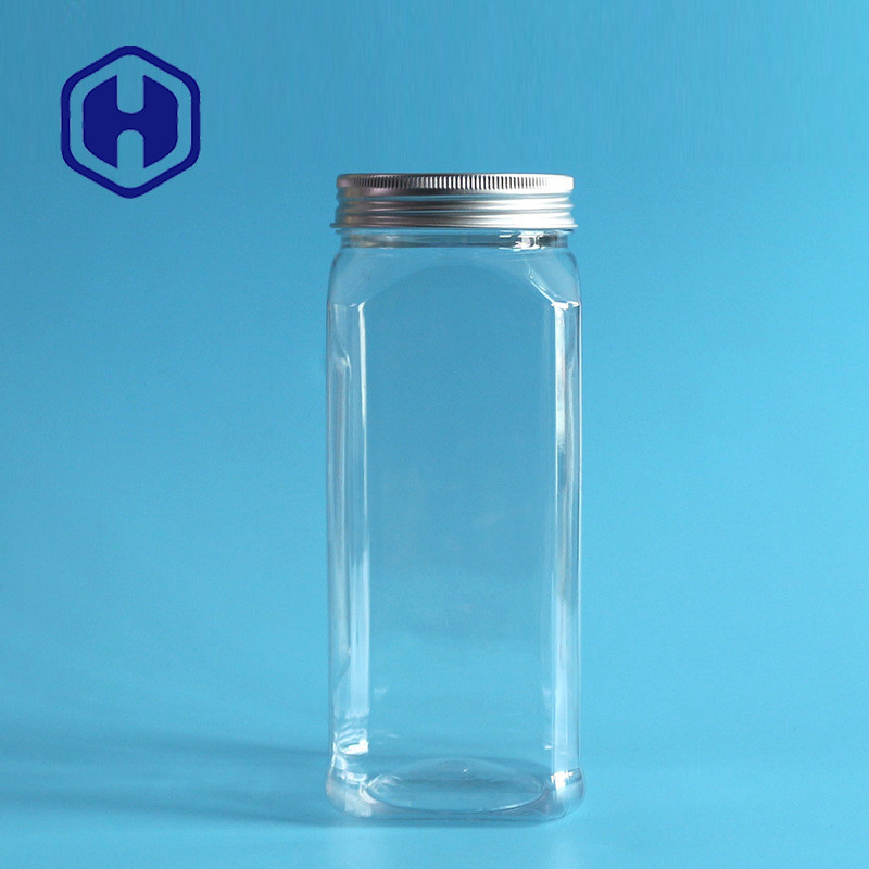 580ml Square PET Plastic Jar For Food Airtight Wide Mouth Empty Aluminum Screw Cap