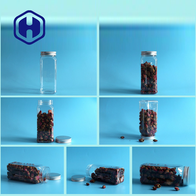 580ml Square PET Plastic Jar For Food Airtight Wide Mouth Empty Aluminum Screw Cap