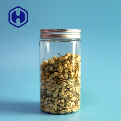 Round Straight 70mm Snacks Transparent Plastic Jar With Aluminum Cover 490ml